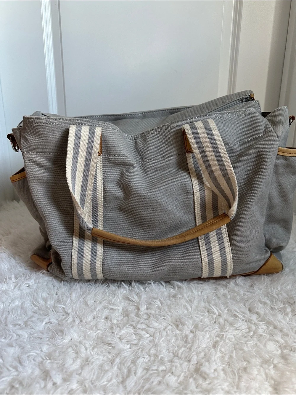 Pottery Barn Kids Monogram Canvas Diaper Bag in Gray with Striped Handles
